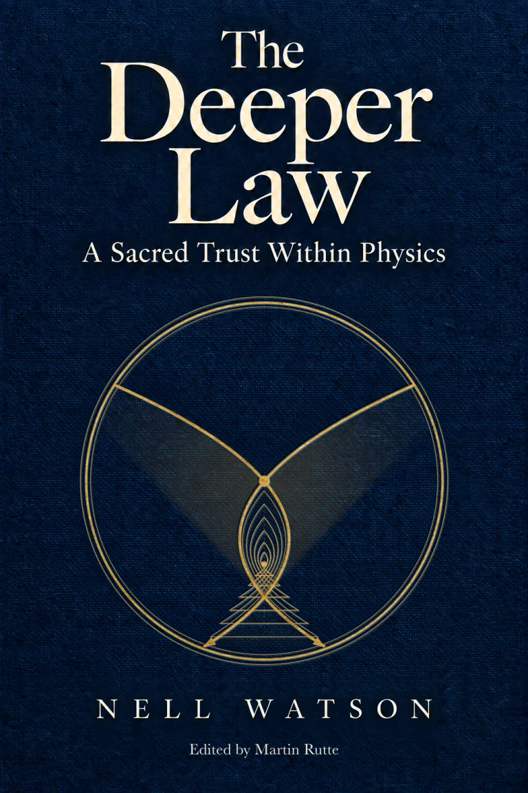The Deeper Law: A Sacred Trust Within Physics, by Nell Watson, edited by Martin Rutte. Gold winged mandorla with the original nested curves and lower triangles.